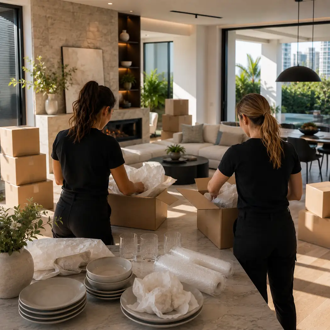 Two Safepack packers wrapping plates and packing boxes in a living room